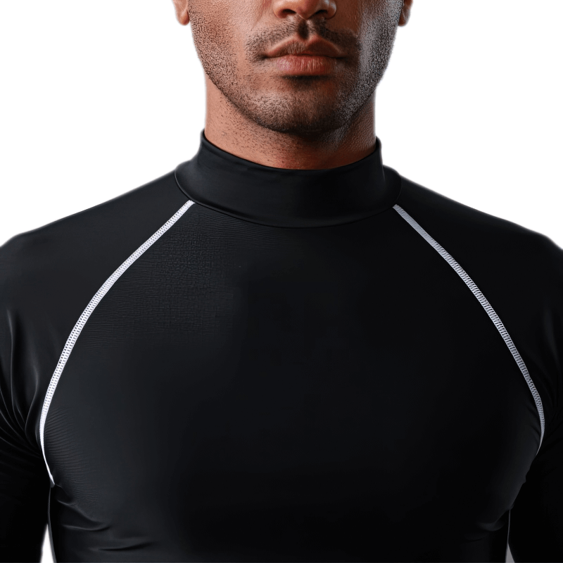 Close-up of a man wearing a black sports elastic beach t-shirt with short sleeves for water sports, featuring white trim detailing.
